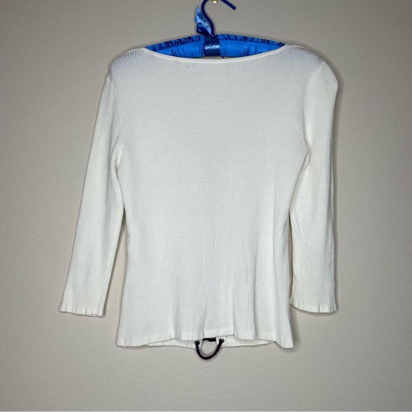 Vintage Cream Long Sleeve Ribbed Knit Top with Purple Lace-up Front Closure - Picture 4 of 5